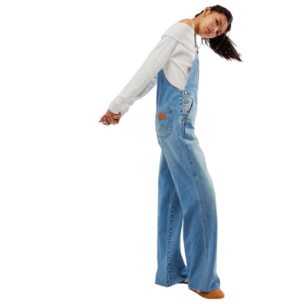 Wrangler Denim Flare Overalls XL Unfinished Hem Country Cowgirl Festival Boho - Picture 16 of 16